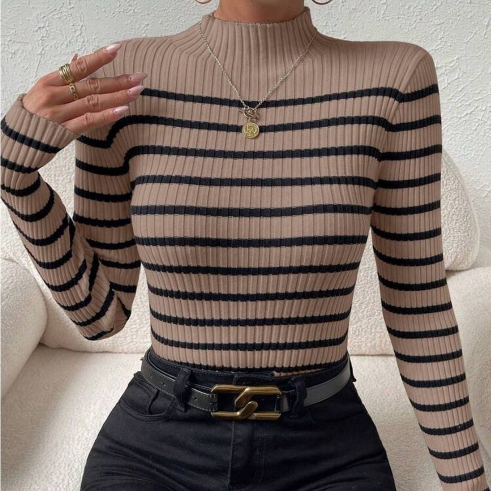 SHEIN Tan and Black Turtleneck Striped Sweater